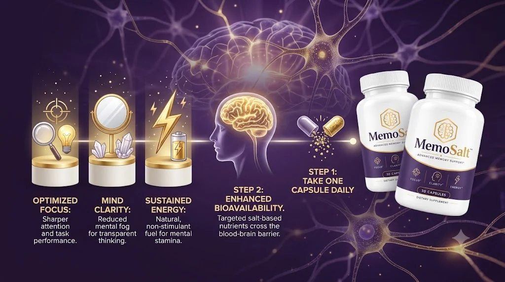 How MemoSalt works: take one capsule daily to support focus, mind clarity and sustained energy